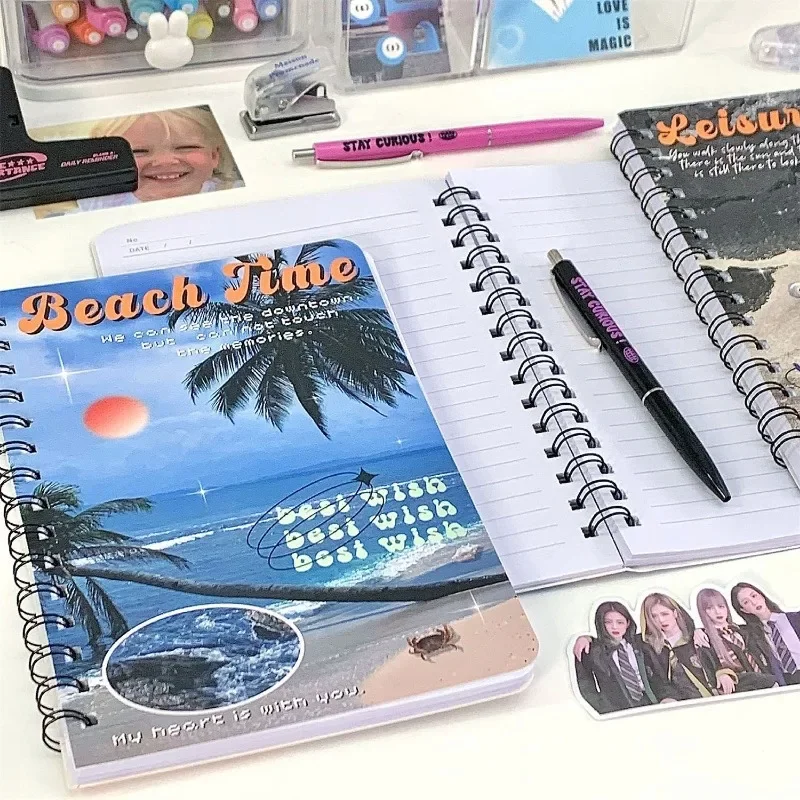 Retro American Style Coil Notebook Natural Landscape Ocean Sunset Cover Notepad Horizontal Line Inner Page Scrapbook Journal