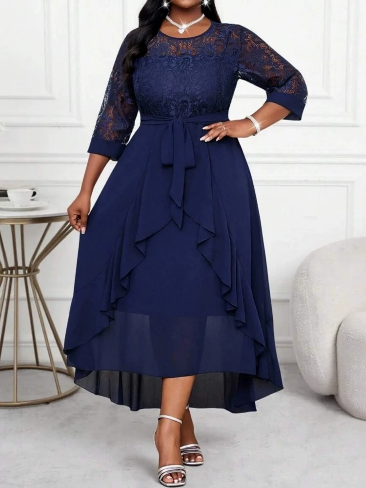 L-5XL Übergrößen-Kleider Damen Sommerkleider mit 3/4-Ärmeln Street-Style Lässig 3XL 4XL Große Größen Spitzen-Maxikleid Oversize