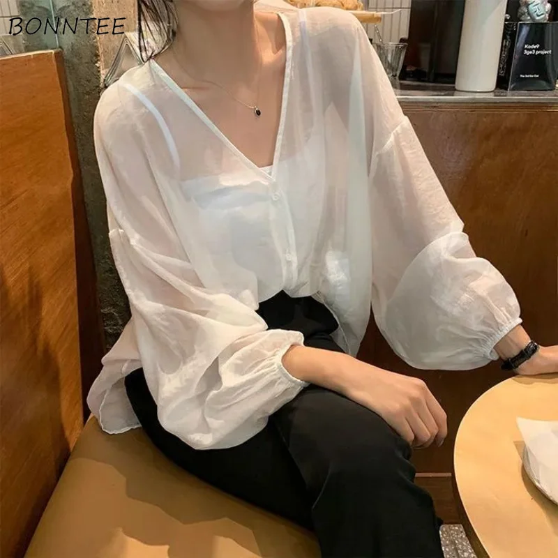 Shirts Women Temperament Sheer Hotsweet Casual Sun-proof V-neck Popular Summer Thin Simple Korean Style Female Loose Breathable