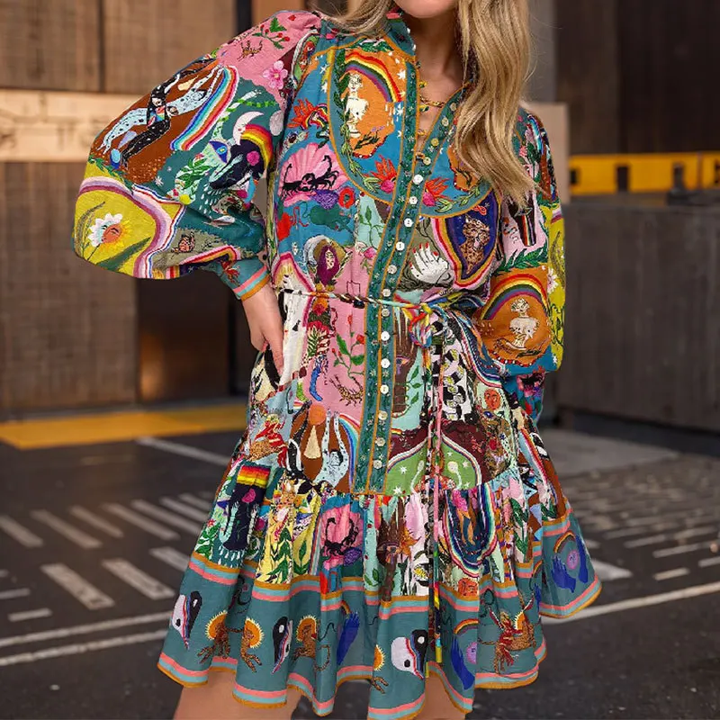 

2025 European and American women's printed dress with waistband tie pleated ruffle edge retro pleated short skirt