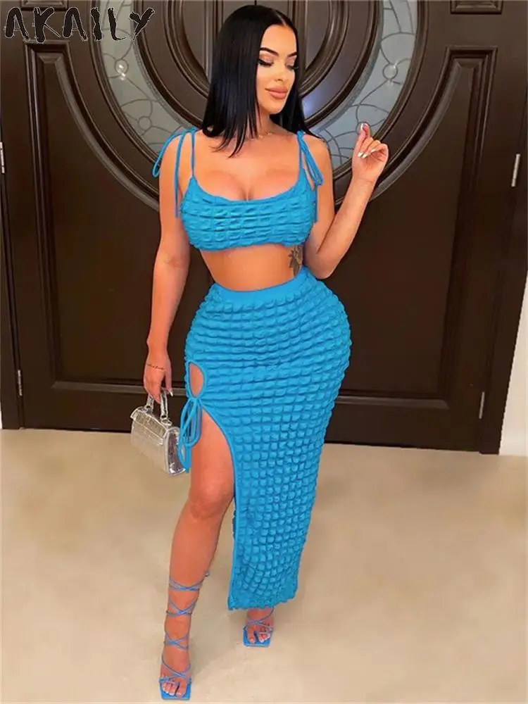 

Akaily Autumn Sexy Pink Bodycon 2 Two Piece Skirt Set Beach Party Clothing For Woman 2023 Black Sleeveless Crop Top Skirt Set