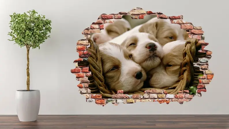 Dogs Puppies Wall Decal Art Decor 3D Smashed Sticker Poster Room Mural A-292