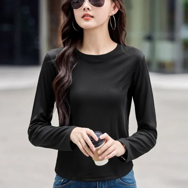 

2025 Women O-neck Long Sleeve T shirts Lady White Cotton Tops Female Soft Casual Tees Women's Black T-shirt
