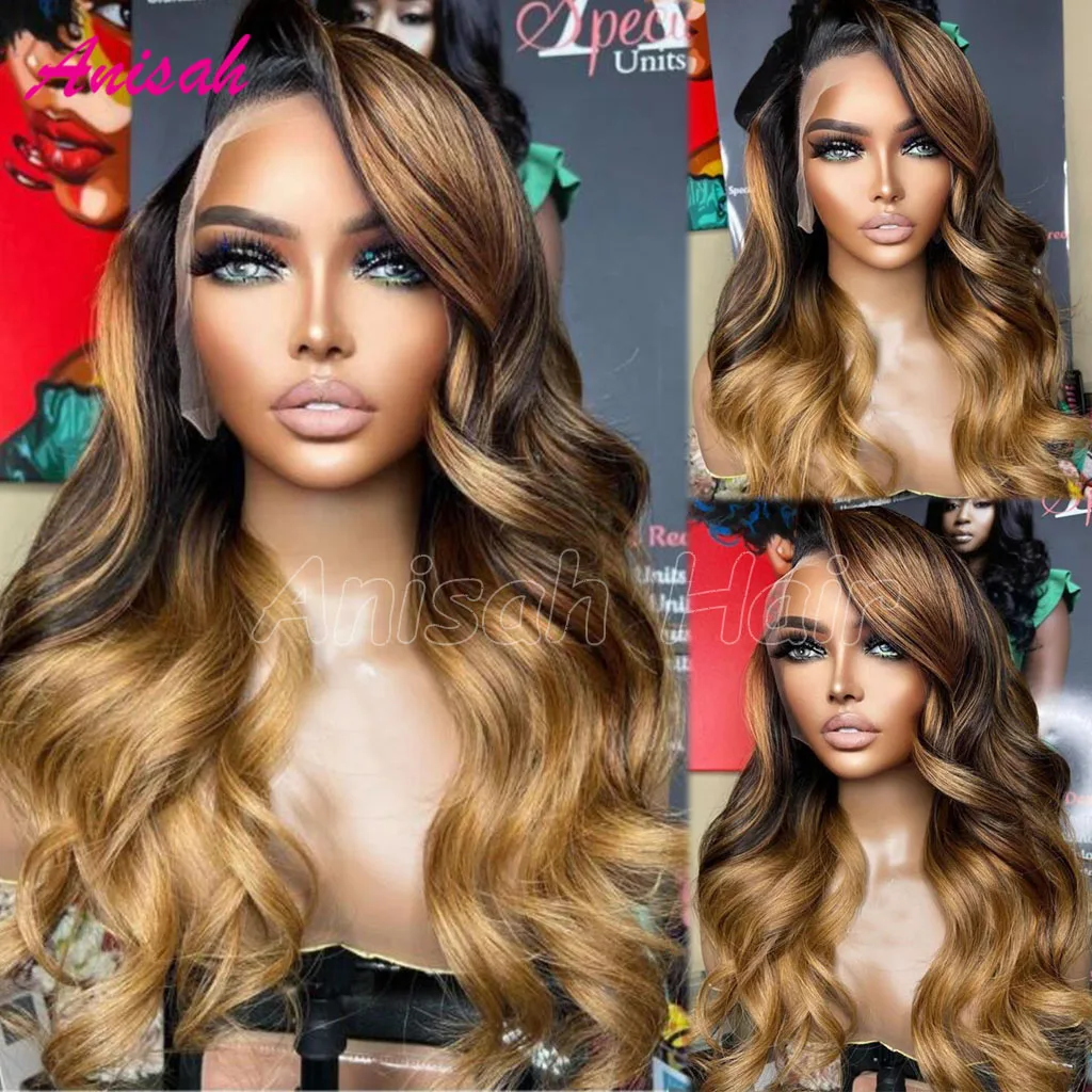 

Virgin Hair Colored Highlight Ombre HD Transparent Lace Front Human Hair Wig Honey Blonde Loose Wave Lace Frontal Wigs For Women