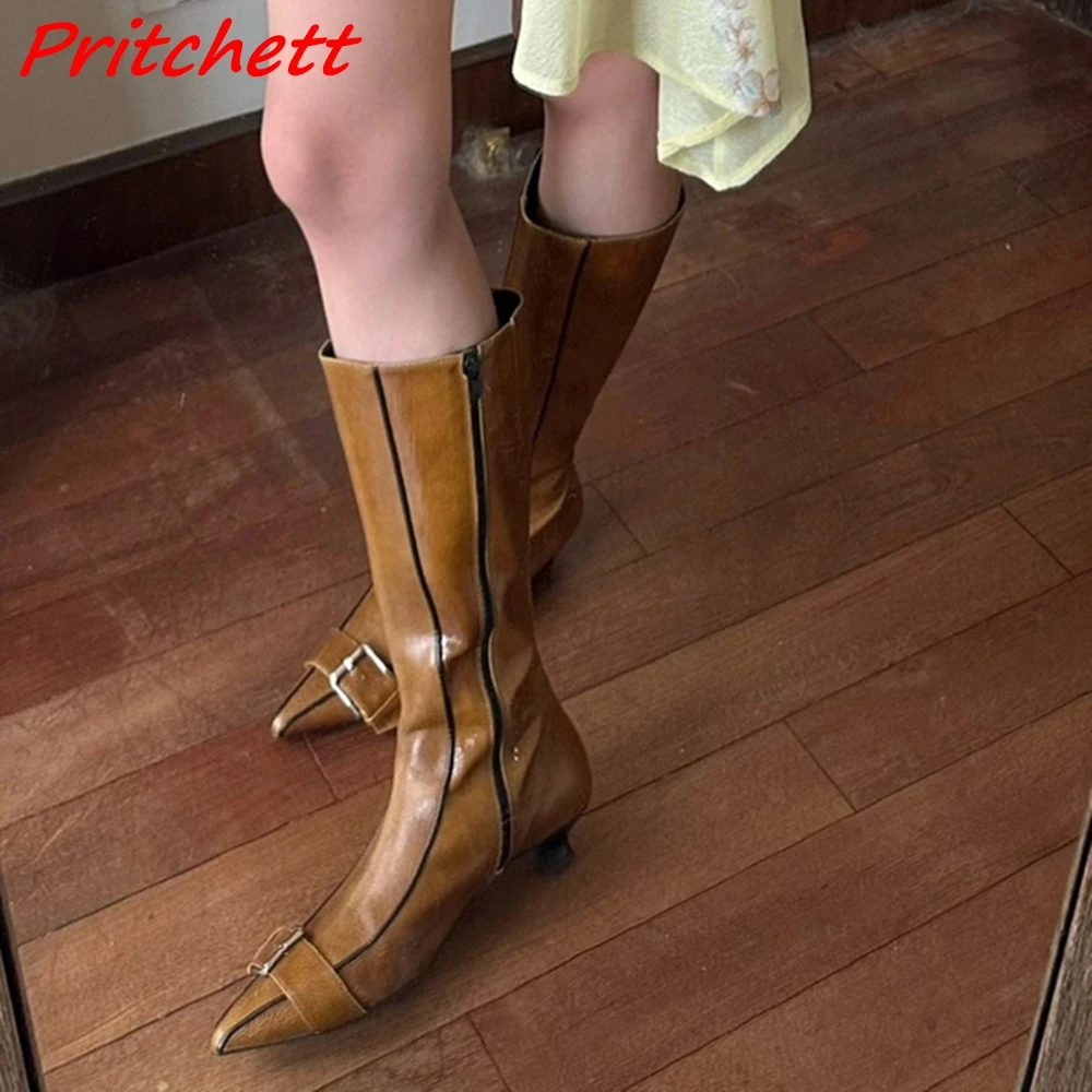 Mixed Colors Fashion Leather Boots Square Button Pointed Toe Knee High Zip Chunky Heels Spring Autumn Sexy Women\'s Tall Boots