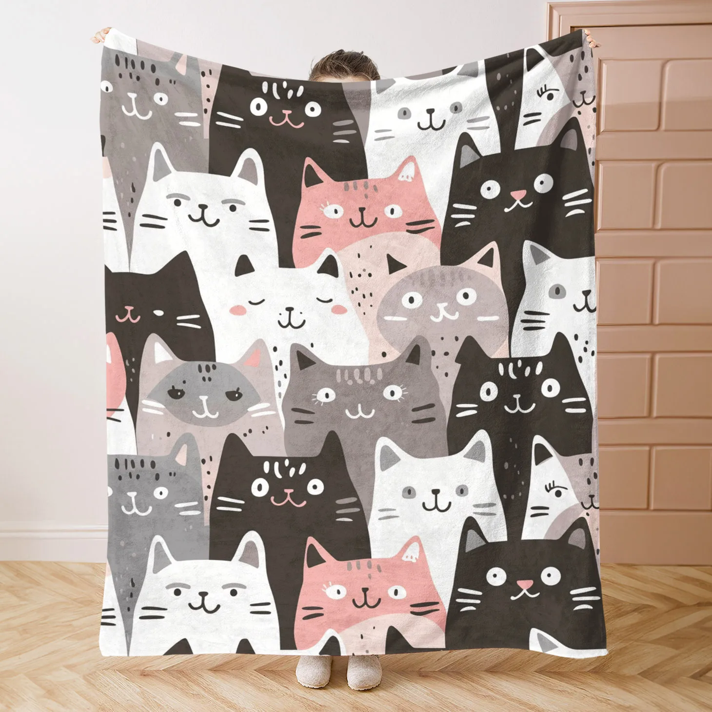 Cute Cat Cartoon Print Throw Blanket Cozy Sofa Couch Manta Soft Bed Decor Blanket For Bedroom Living Room Home Decor
