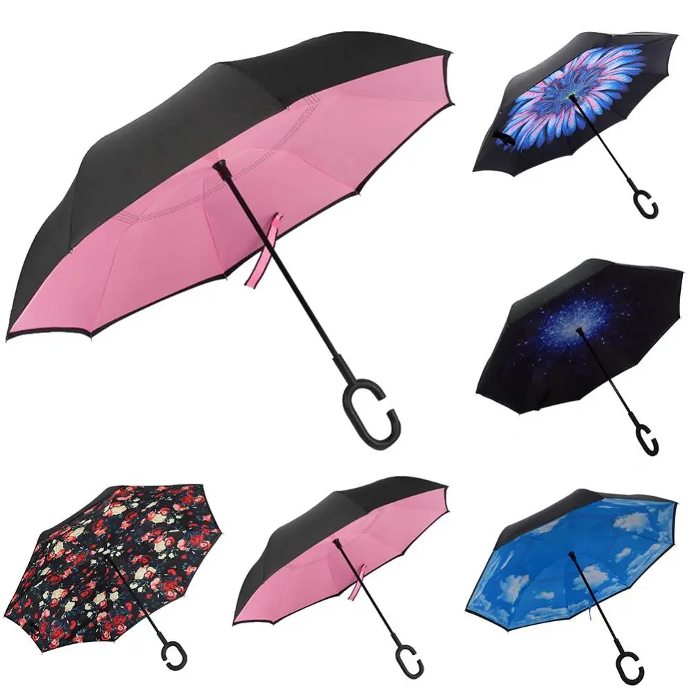 Women Handsfree Umbrella Windproof Double Layer Anti-UV Windproof C-Shaped Handle Inverted Upstanding Umbrella Sunshade Umbrella