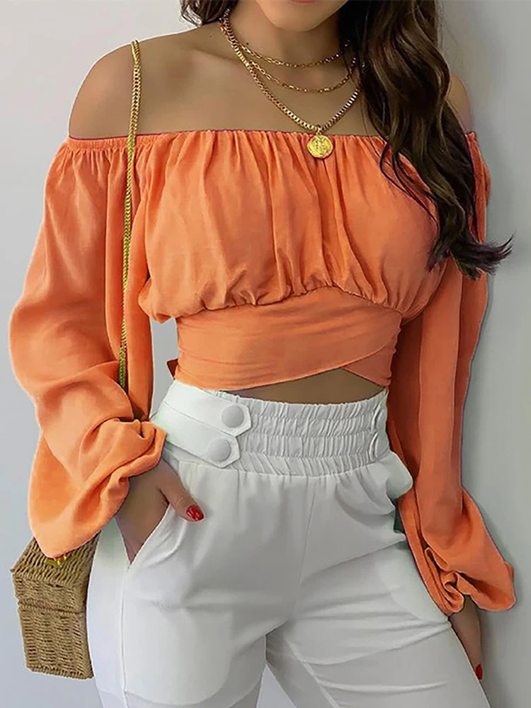 Women Sexy Off Shoulder Blouse Chic and Elegant Printing Lantern Long Sleeve Lace Up Bow Cropped Tops Casual Slim Shirts 2024