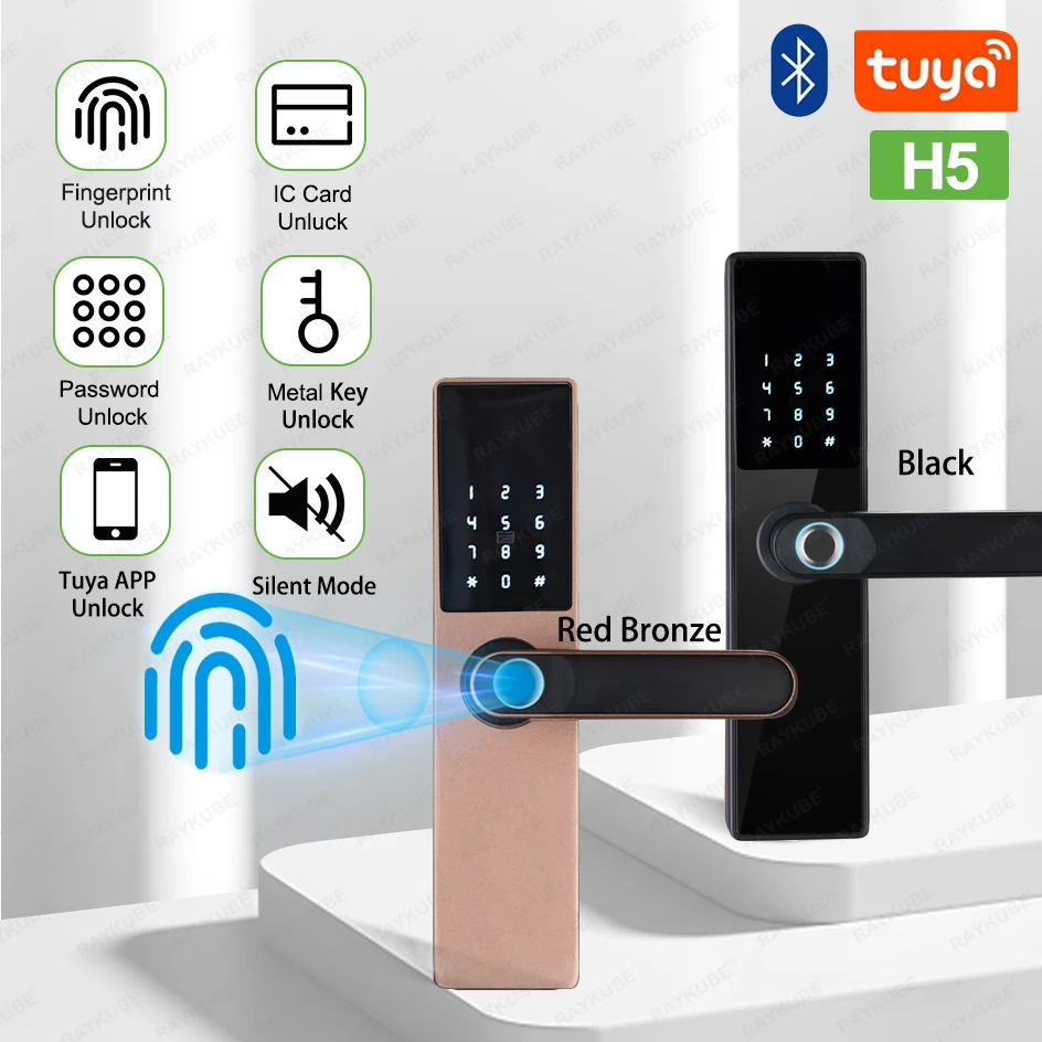 RAYKUBE H5 Biometric Fingerprint Smart Door Lock via Tuya APP Bluetooth Remote Unlock /Key/ Password/ IC Card/Fingerprint Unlock