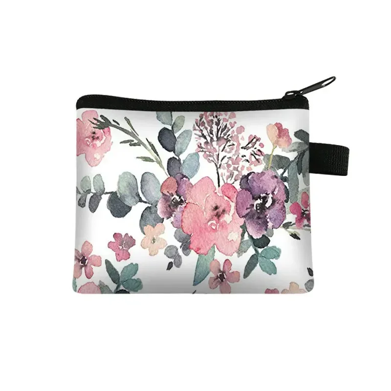 Floral Plaid Print Zipper Cosmetic Bag Storage Pouch Women Kids Canvas Coin Purse Small Wallet Key Card Holder Mini Money Bag