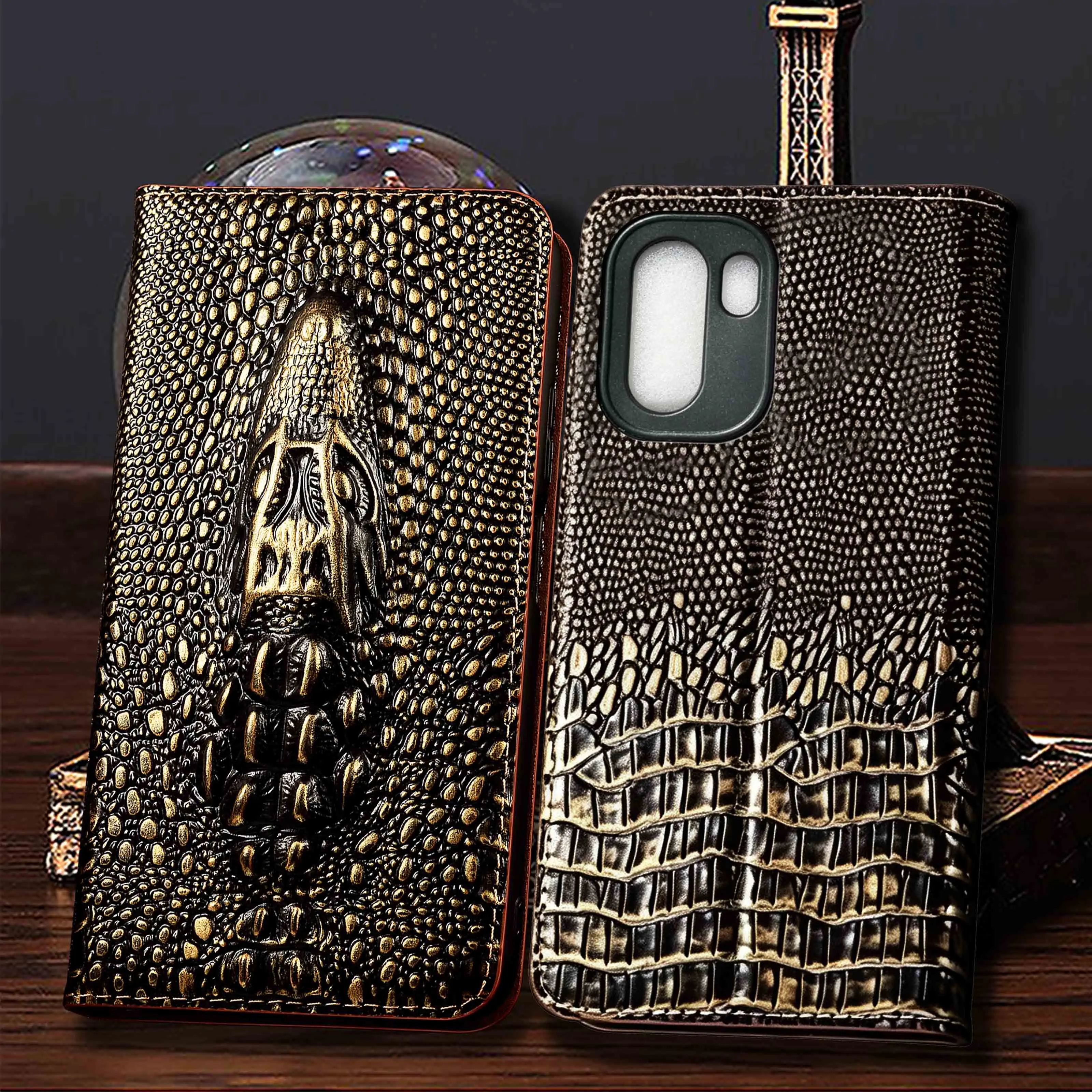 For Oneplus 9 9R 9T 10R 10T 11 12 12R 13 13R 13T 15 15R 15T Pro Vintage Crocodile Head Pattern Genuine Leather Flip Phone Case