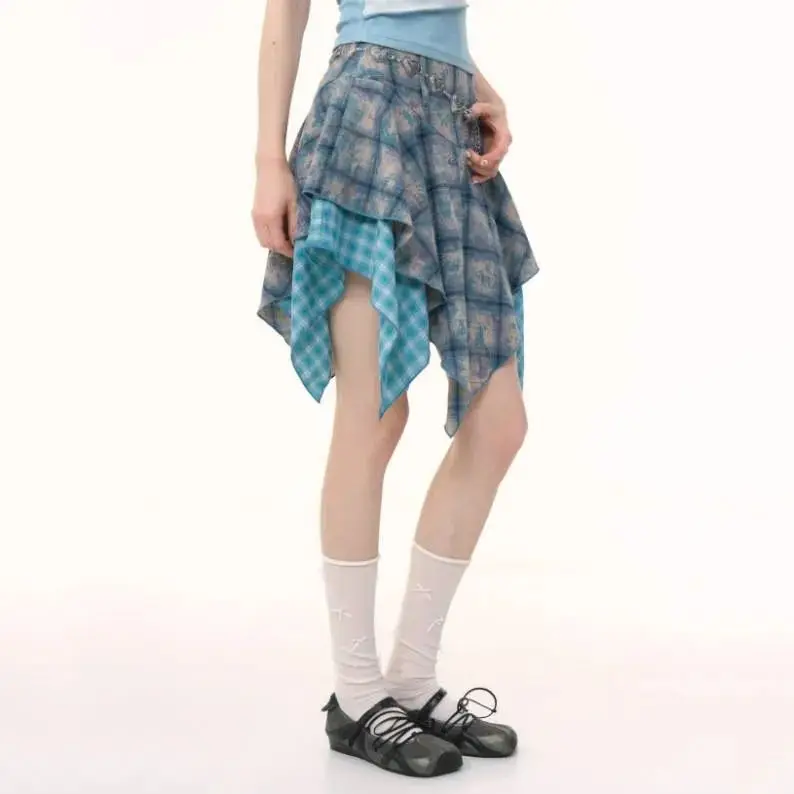 

Summer Patchwork Plaid Irregular Skirt Women's New High-waisted Short Skirt