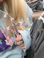 Homemade Gothic Cross Necklace Pink Guitar Necklace