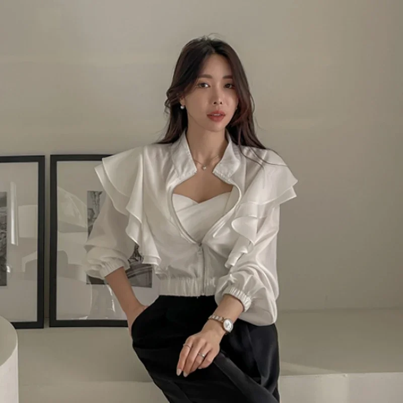 

Women Clothing Stand Neck Korean Coat Long Sleeve Slim Waist Crop Tops 2023 Ropa Mujer Ruffles Chic Temperament Loose Jackets