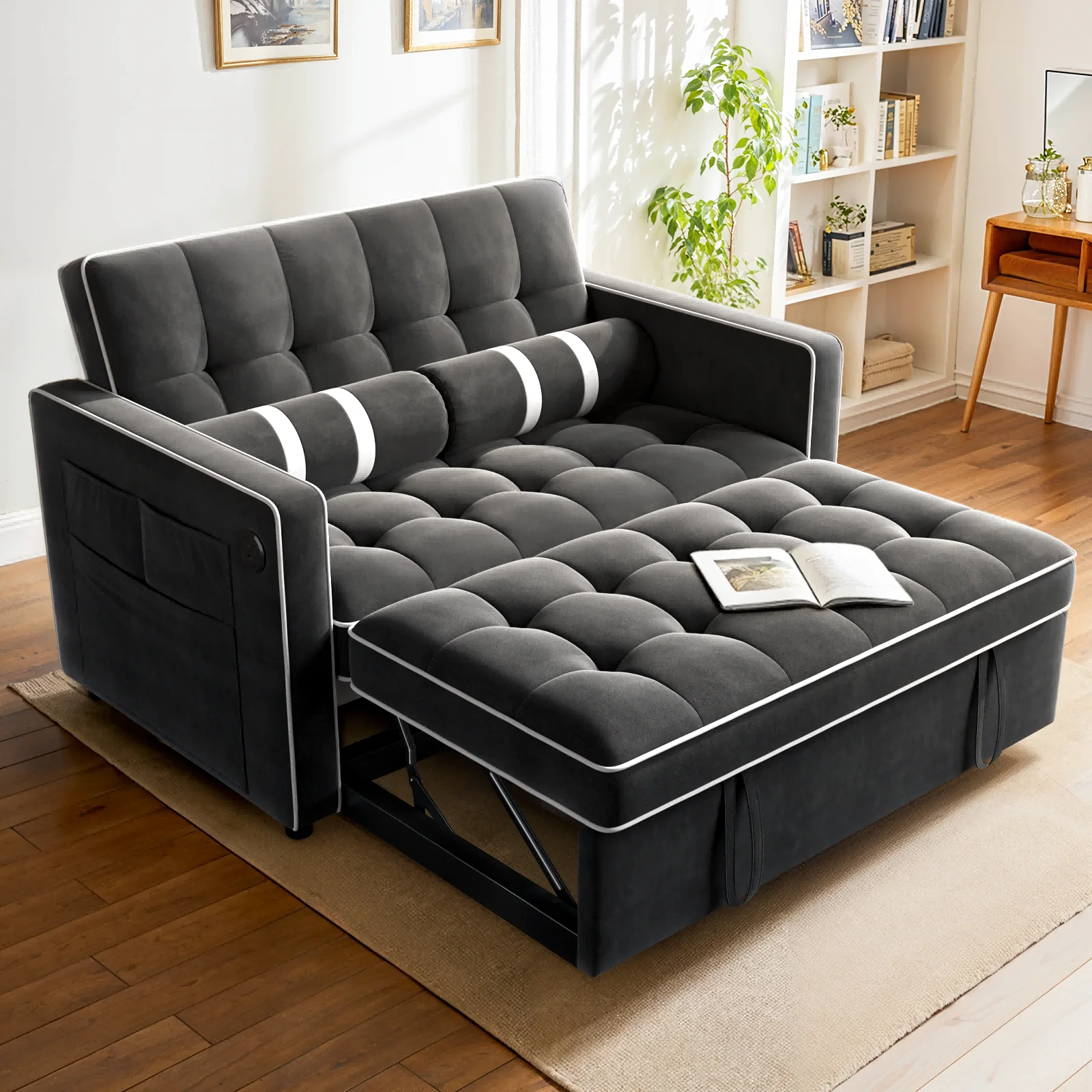3 in 1 Sleeper Sofa Bed, Pull Out Couch with USB & Type-C Ports, Deep Seat Convertible Loveseat Sofa, Adjustable Backrest, Dual Side Pockets, Velvet Futon Couch for Living Room, Apartment