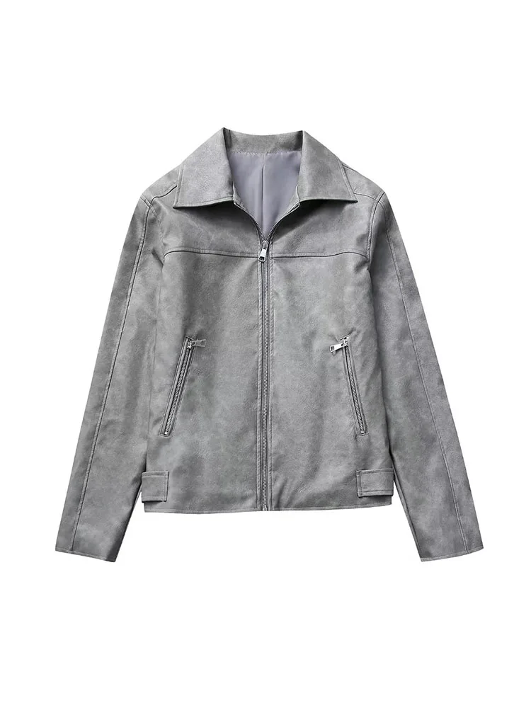 

PB&ZA Women New Fashion Washed Faux Leather Jacket Coat Vintage Lapel Zipper Pocket All-Match Casual Outerwear Female Chic Tops