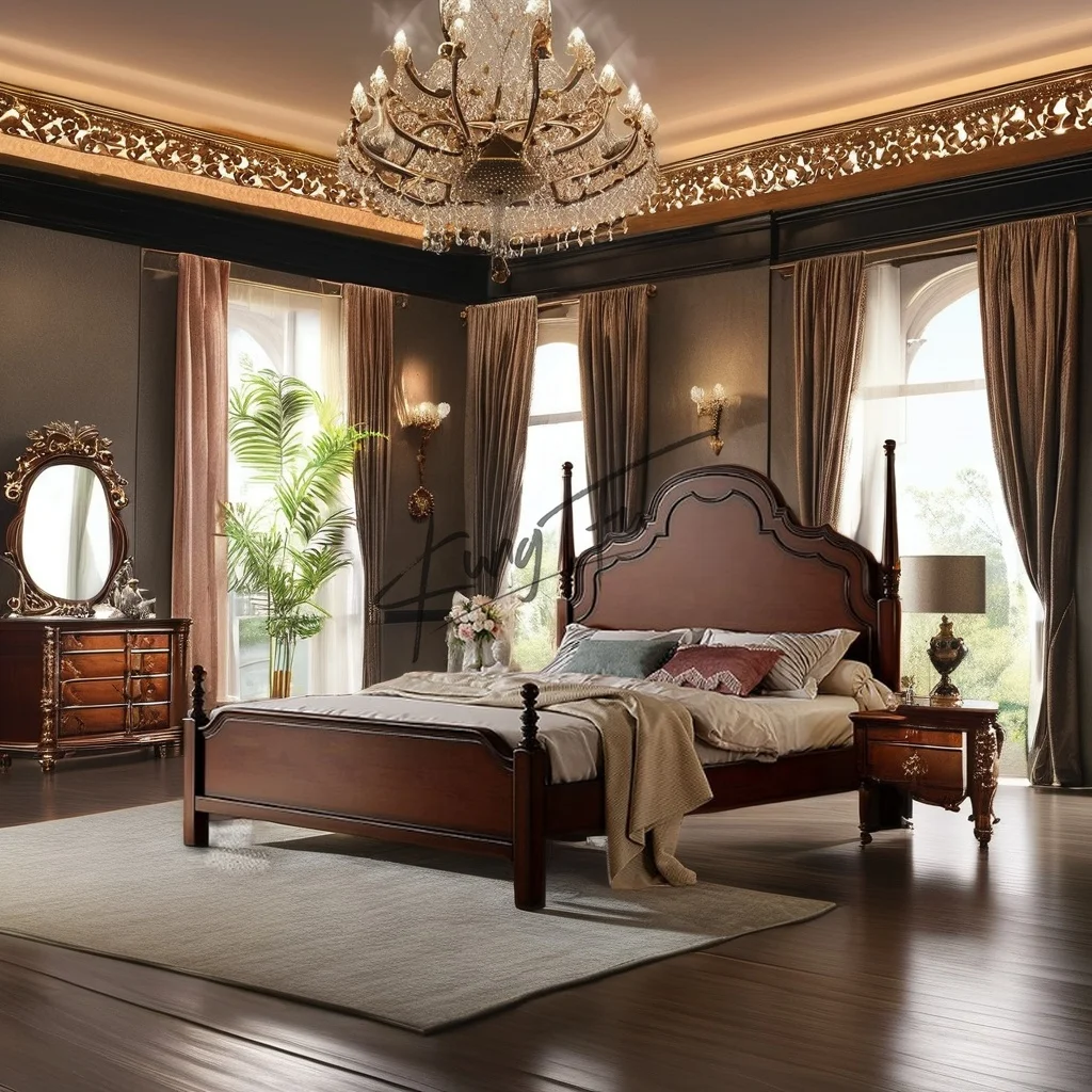 Vintage Anna Bed Solid Wood Panel Modern Minimalist Luxury Cream Finish Bedroom Furniture