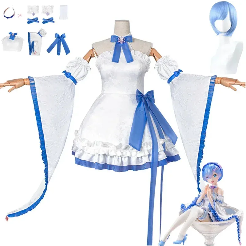 애니메이션 Re:제로부터 시작하는 이세계 생활 렘 코스프레 의상 화이트 스카이블루 메이드 드레스 2025 여성 귀여운 생일 파티 의상