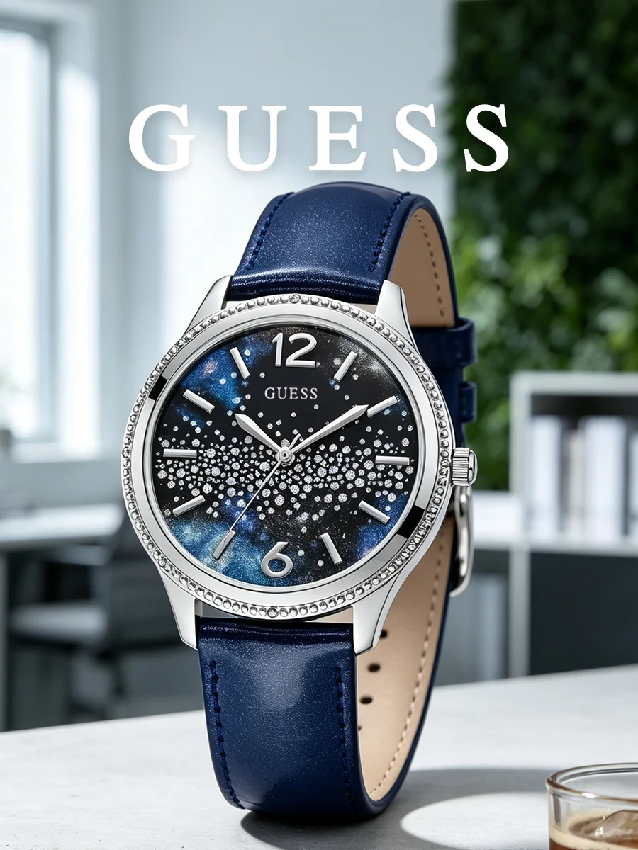 Guess Women's Watch Blue Leather Strap Analog Quartz Wristwatch Starry Sky Dial Rhinestone Bezel Accessory for Party Wear Gift