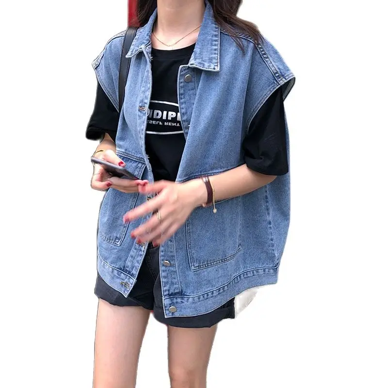 Denim Vest Women Large Size Jean Waistcoat Female Sleeveless Coats Spring Autumn Casual Streetwear Jacket Light Blue Coat BF Top