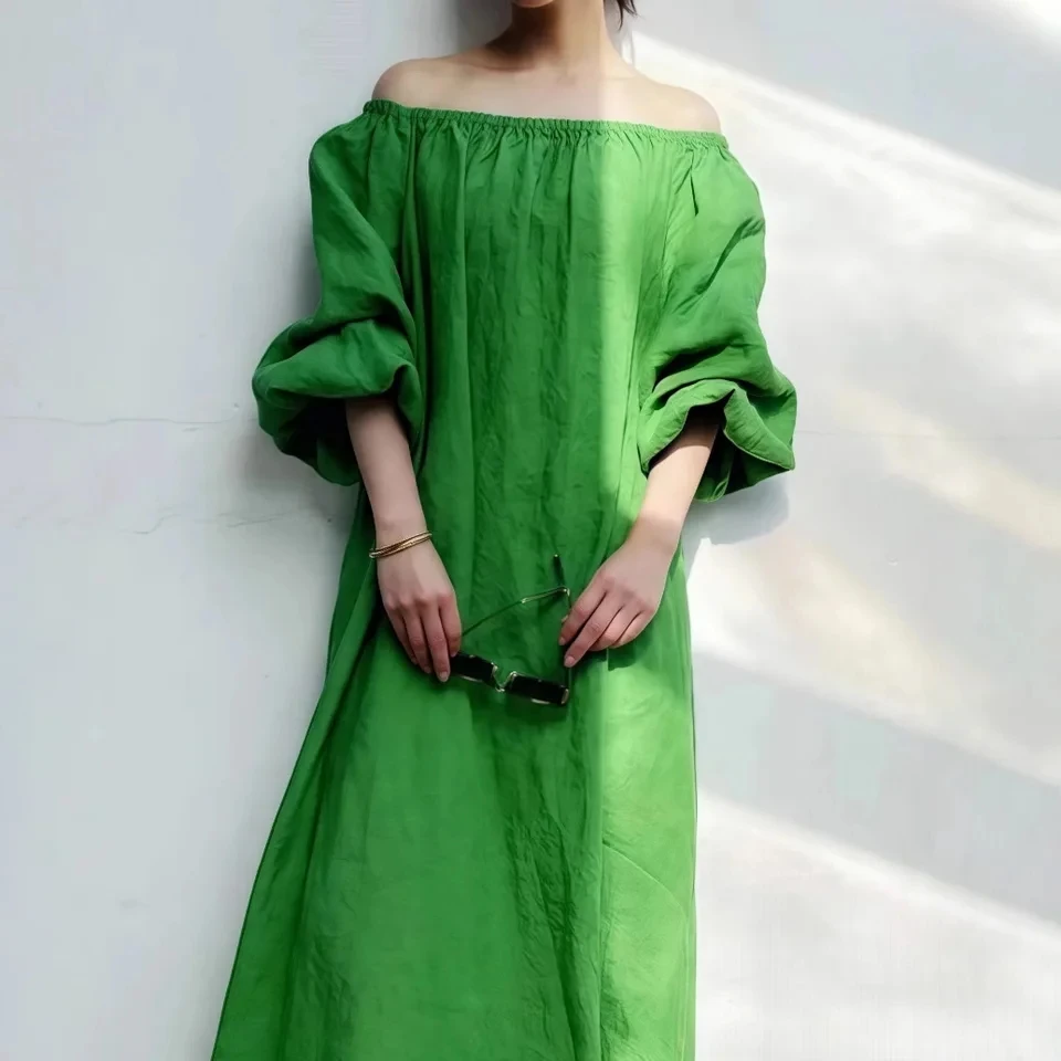 

2025 women's summer button design loose long skirt off-shoulder solid color simple casual outing and vacation retro style dress