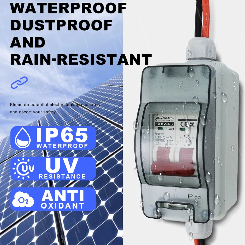 Solar Disconnect Switch DC500V Miniature Circuit Breaker 2P with IP65 Box 6A 10A 16A 20A 25A 32A 40A 63A For Outdoor PV Stystem
