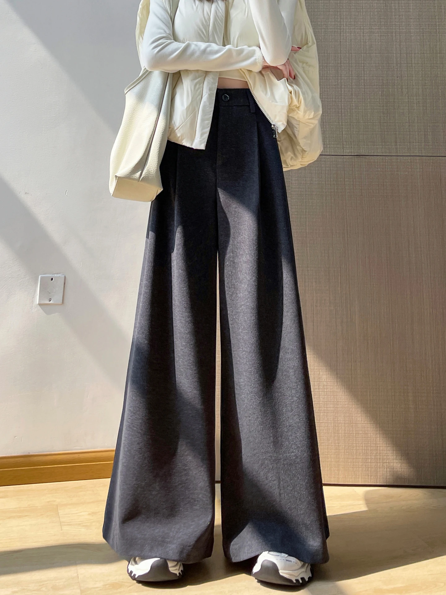 

Утепленные шерстяные костюмные брюки для женщин, классические однотонные повседневные свободные брюки длиной до пола, тренд 2025 года, прямые брюки с высокой талией