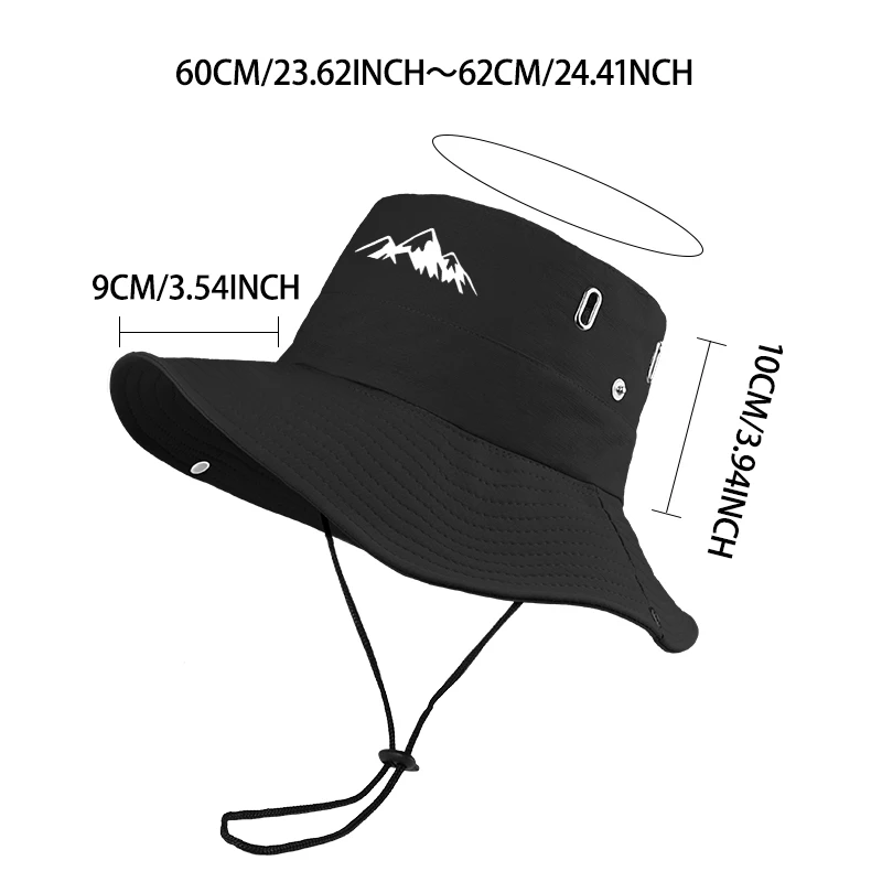 Breathable Mountain Print Sun Hat with Adjustable Wind-Resistant Drawstring—Perfect for Hiking, Camping, and Mountaineering