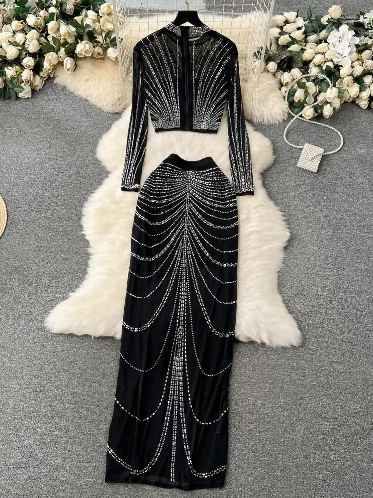 Black Elegant Diamonds Two Piece Sets For Women O Neck Long Sleeve Short  Tops And High Waist Long Skirts Sexy Suit Female Autumn - AliExpress  200000345