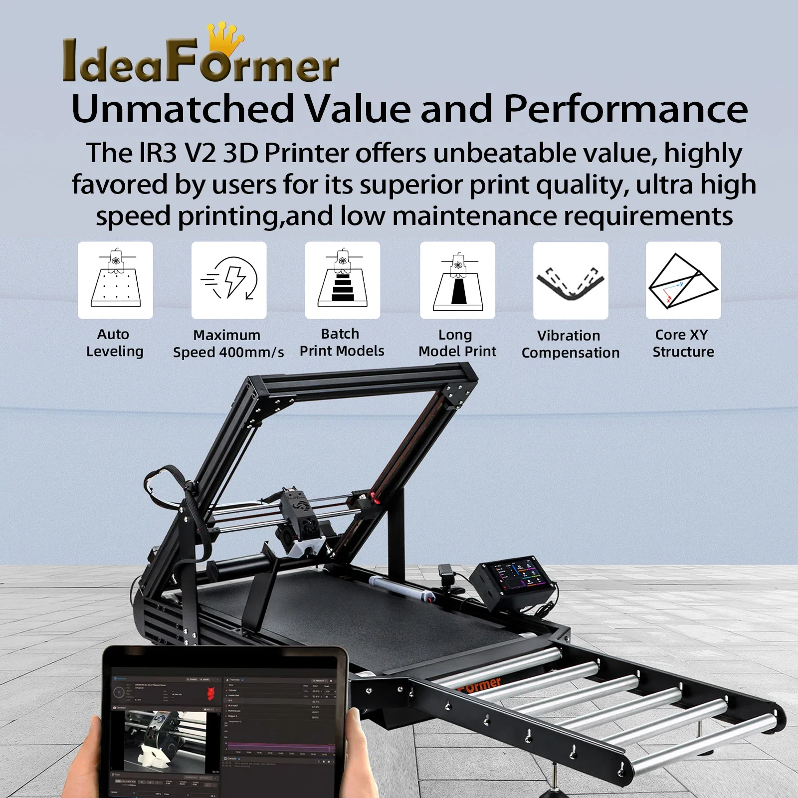 

Ideaformer IR3 V2 With Extended Tray Infinite Z-Axis Steel Convery Belt 250×250×∞mm Klipper Firmware Auto Leveling 3d Printer