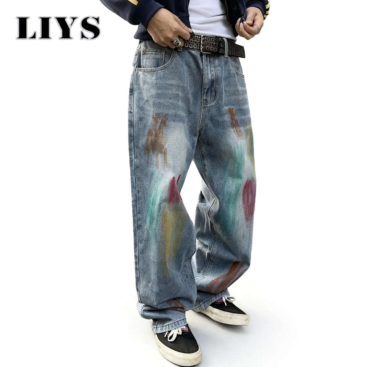 กางเกงยีนส์ทรงตรงหลวมสไตล์เรโทรลายกราฟฟิตี้สำหรับผู้ชาย ดีไซน์ลวดลายนามธรรม ใส่สบายๆ สำหรับฤดูใบไม้ร่วงและฤดูหนาว