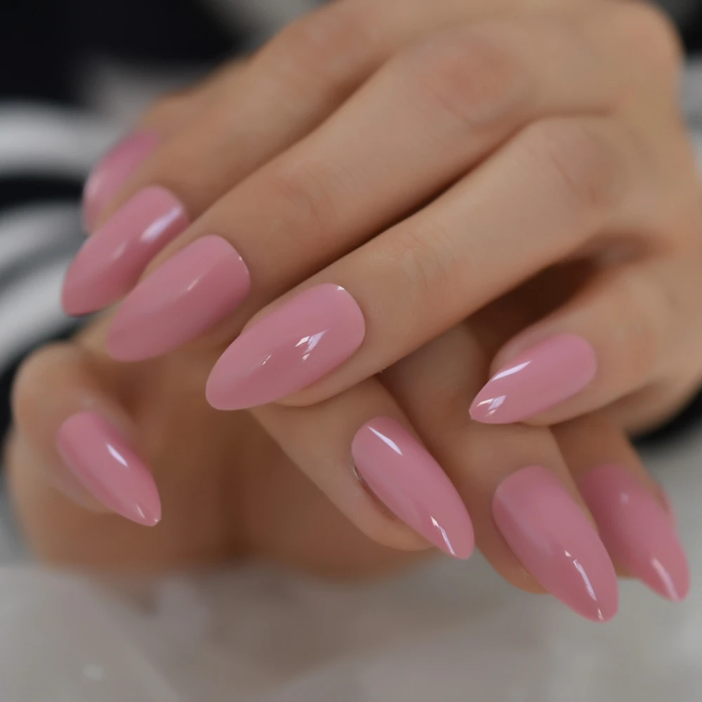 Plain Nails with gel Thin Stiletto False Nails Coral Pink Like A Smile Shiny Color Nail Art Tips