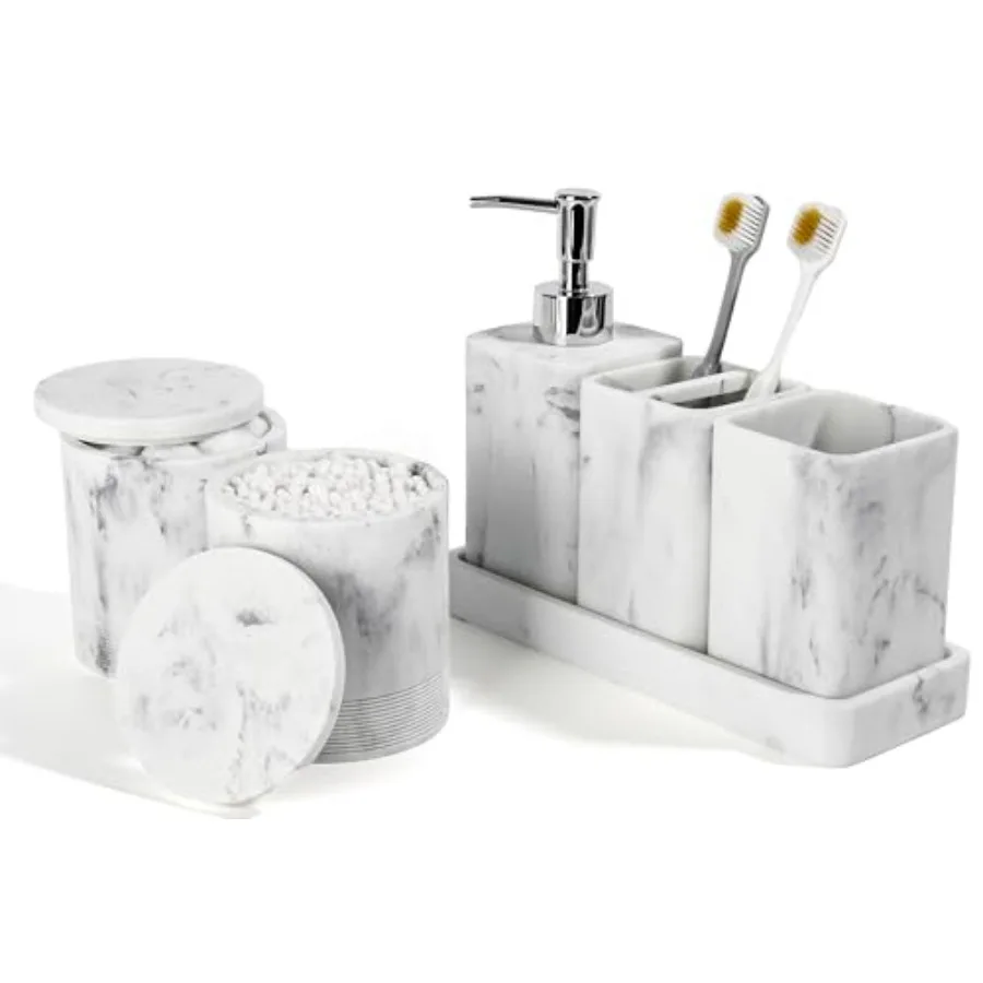 

Bathroom Accessories Set 6 Piece Bathroom Set with Toothbrush Holders Soap Dispenser Vanity Tray Tumbler Cotton Swab Jars Bathr