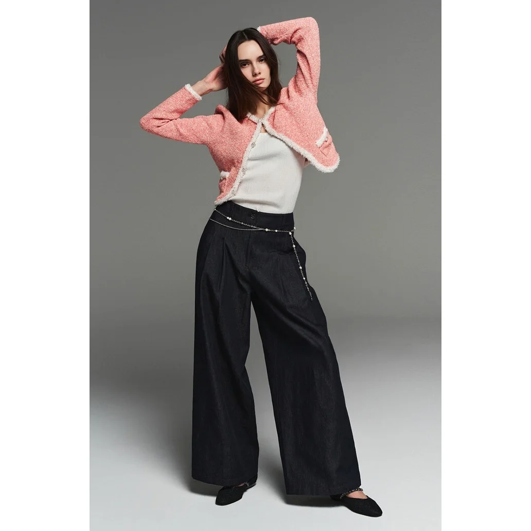 

Commuter Sle Pleated Wide Leg Jeans Elastic Waist Slimming High Waist Zipper Closure Autumn Deep Color Women's Jeans