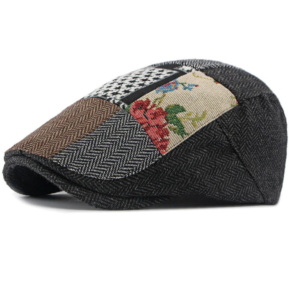 HT5158 Herren-Baskenmütze Vintage Patchwork Künstler-Malermütze Verstellbare Ivy-Flatcap für Männer und Frauen Herbst Winter Karierte Baskenmütze – Detail 5