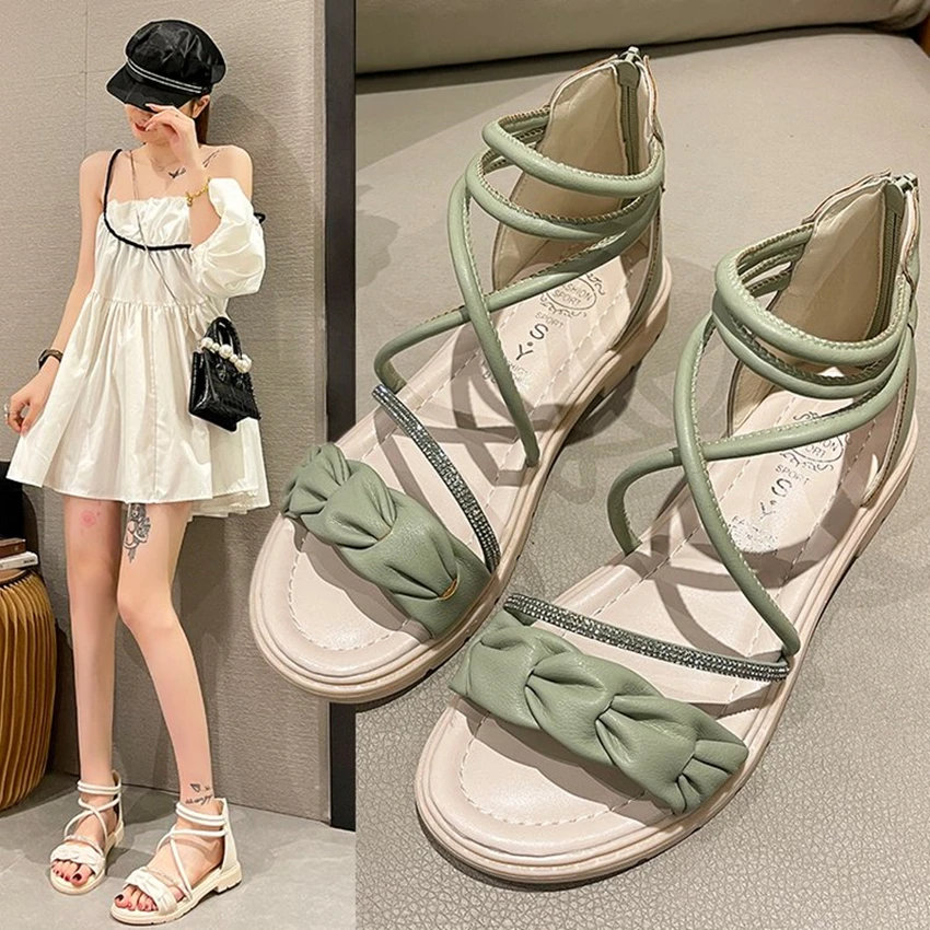 

Rhinestone Sandals 2024 Summer Clear Heels Female Shoe Med Mid-Calf Strap Girls Medium Beige New Comfort Gladiator Beach Fashion