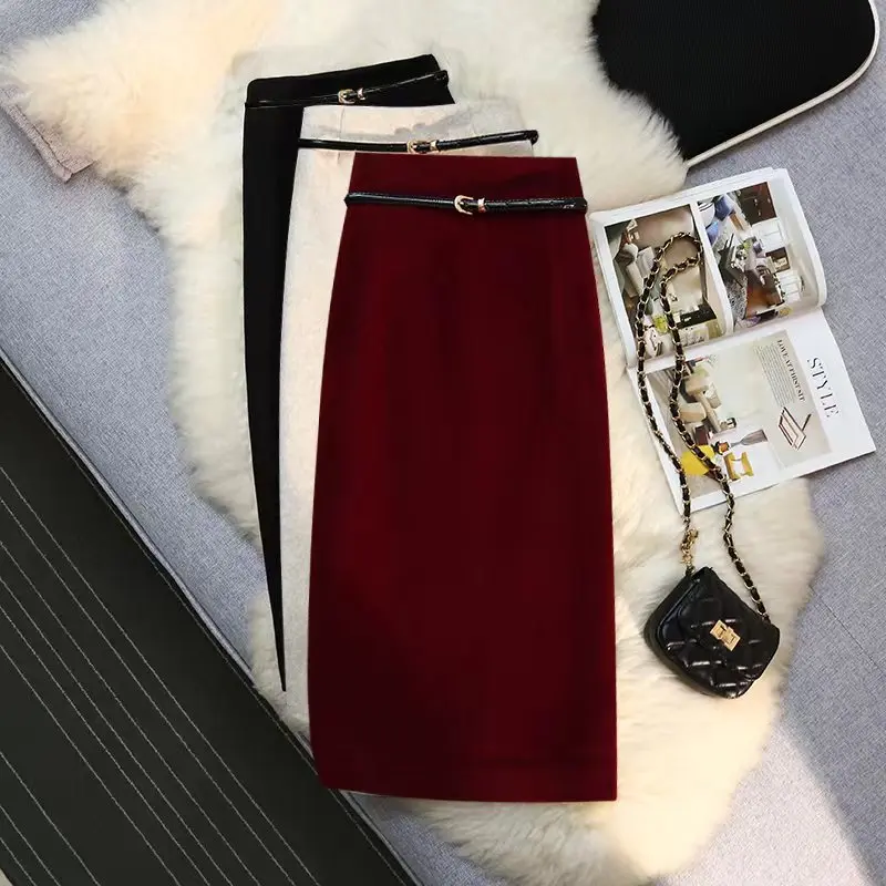 

Autumn Winter Woolen Bodycon Pencil Skirt Women High Waist Split Belt Knee-Length Midi Skirt Fashion Ladies Work Skirts Female