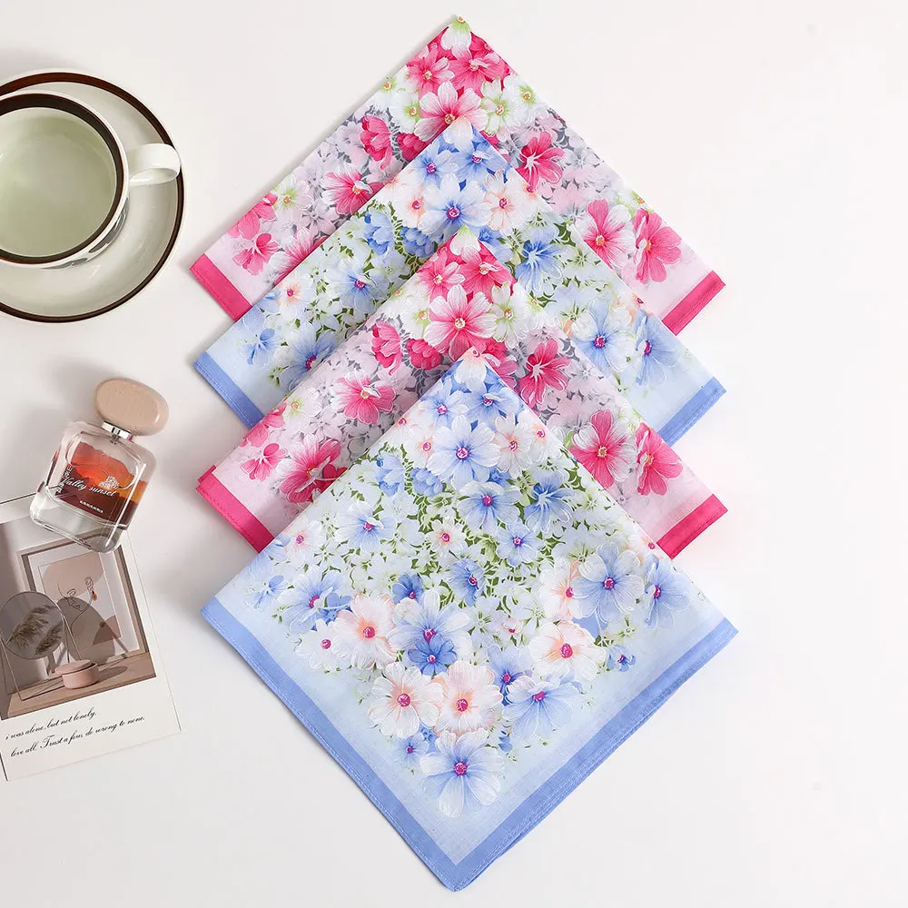 Women Floral Printed Cotton Handkerchief Vintage Thin Soft Square Hanky Wedding Souvenir Daily Portable Sweat Wiping Towel Gift