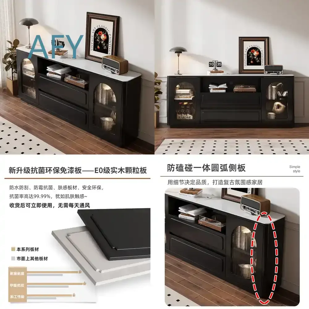 American Retro Ultra-Thin High TV Cabinet for Living Room Household Narrow Black Storage Locker Integrated Floor-to-Ceiling
