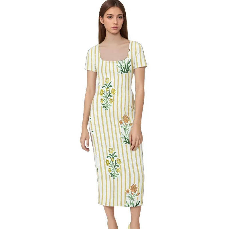 

Flower Print Women Sheath Dress Fashion Square Collar Short Sleeve Dresses 3261