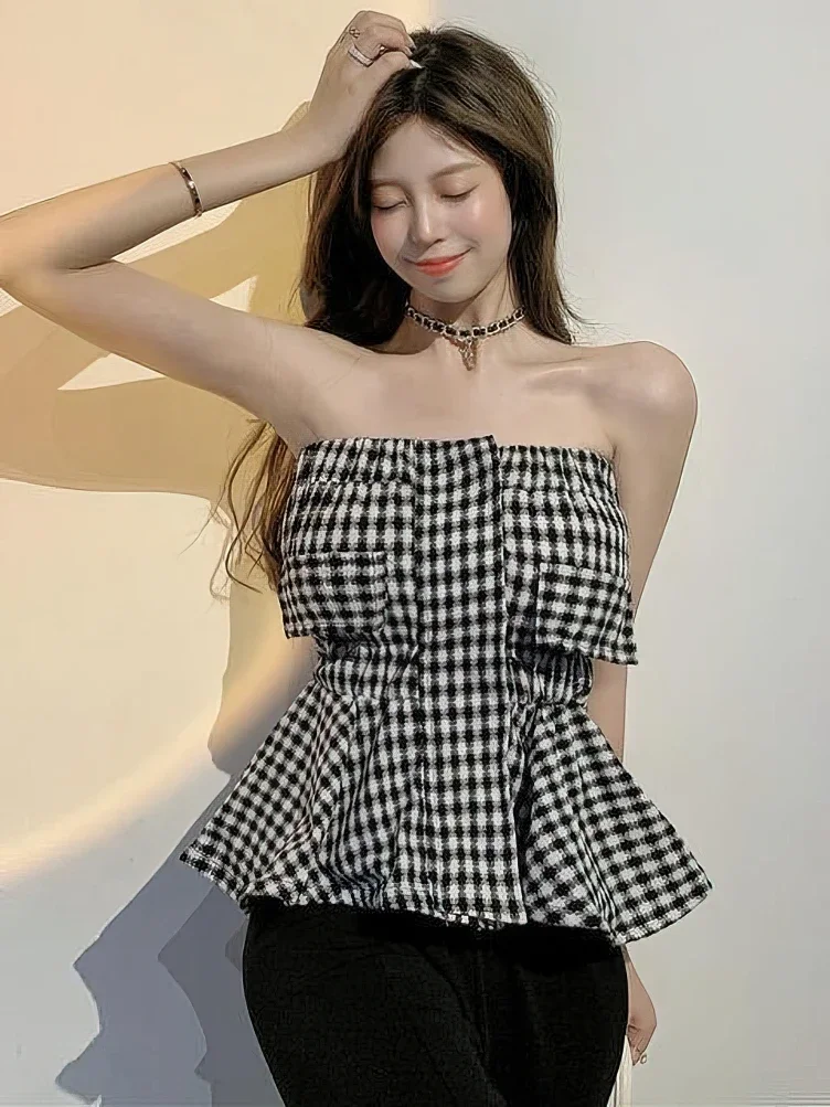 

Молодежная элегантная блузка в клетку с открытыми плечами, корейская трендовая укороченная рубашка без рукавов, новинка 2025 года