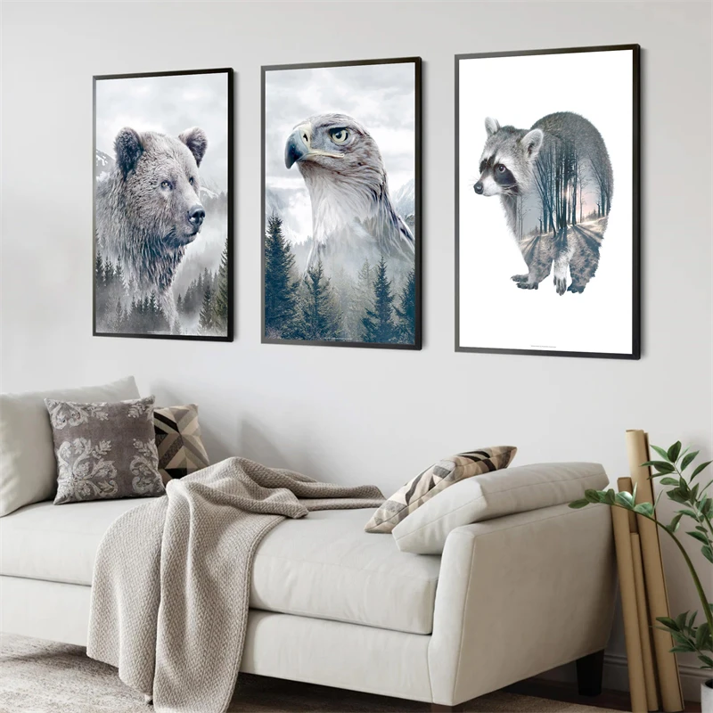 Nordic Style Animals Poster Aesthetics Natural Scenery Illustration Bear Wolf Canvas Print Walll Art Home Decoration Room Decor
