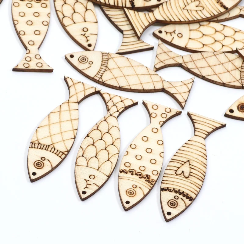 10/25pcs Mixed Fish Cartoon Wooden Slices Embellishments DIY Crafts For Scrapbooking Handmade Wood Ornament Home Decor Supplies