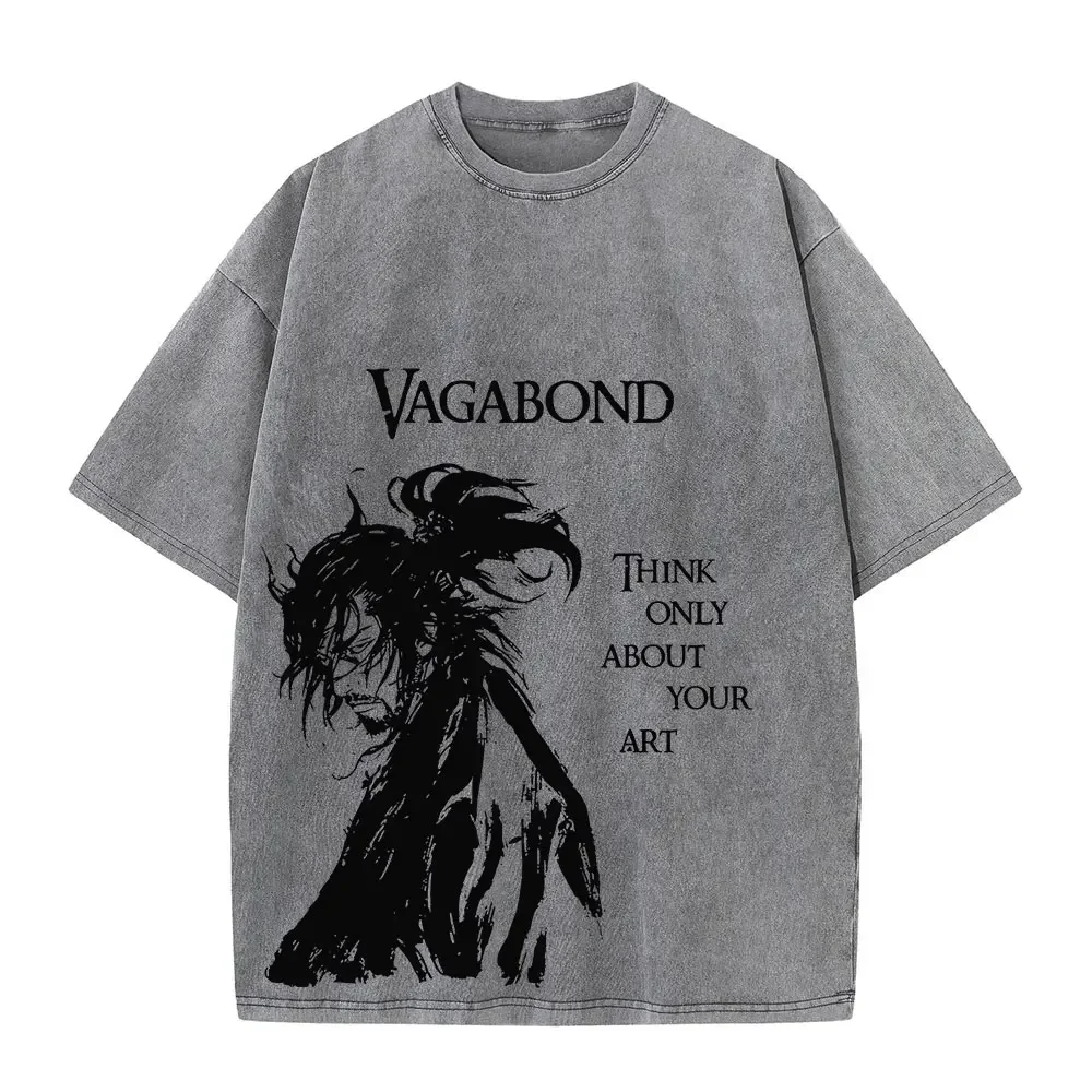 Vagabond Miyamoto Musashi T Shirt Men Vintage Washed Samurai Manga Graphic Tee Harajuku Streetwear Short Sleeve Cotton Top