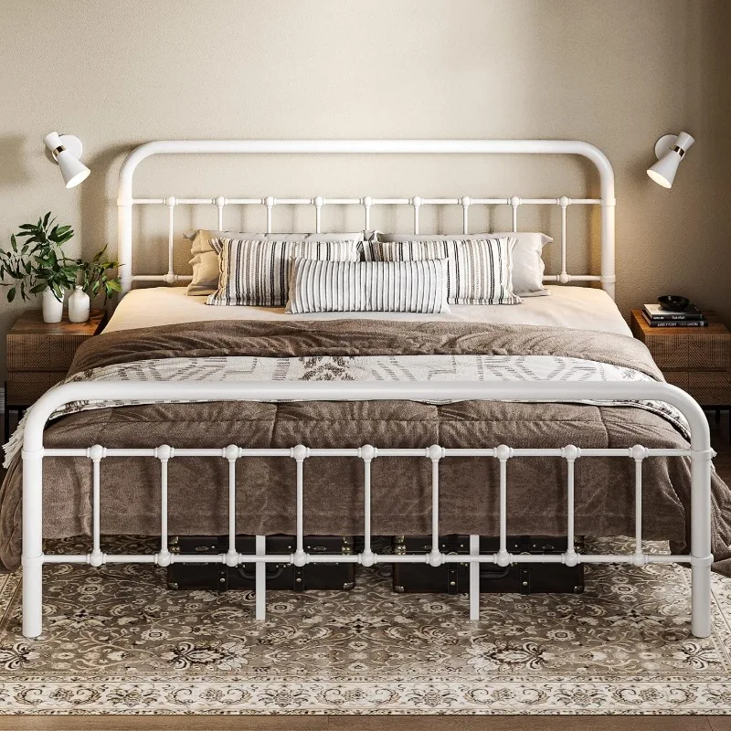 King Size Metal Platform Bed Frame with Victorian Style Wrought Iron-Art Headboard Footboard No Box Spring Required White