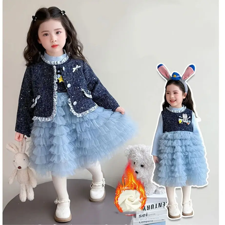 

Комплект из 2 предметов: Новое осенне-зимнее платье-торт «Принцесса» с юбкой из фатина и курткой, в стиле мультфильма «Джуди Раббит» (Дисней), повседневная одежда для детей, коллекция 2026 года