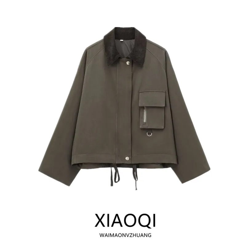 Cappotto Jaet in pelle cerata con colletto in velluto a coste versatile Faion da donna autunno inverno Nuovo arrivo 2024 Vestibilità ampia Lunghezza regolare
