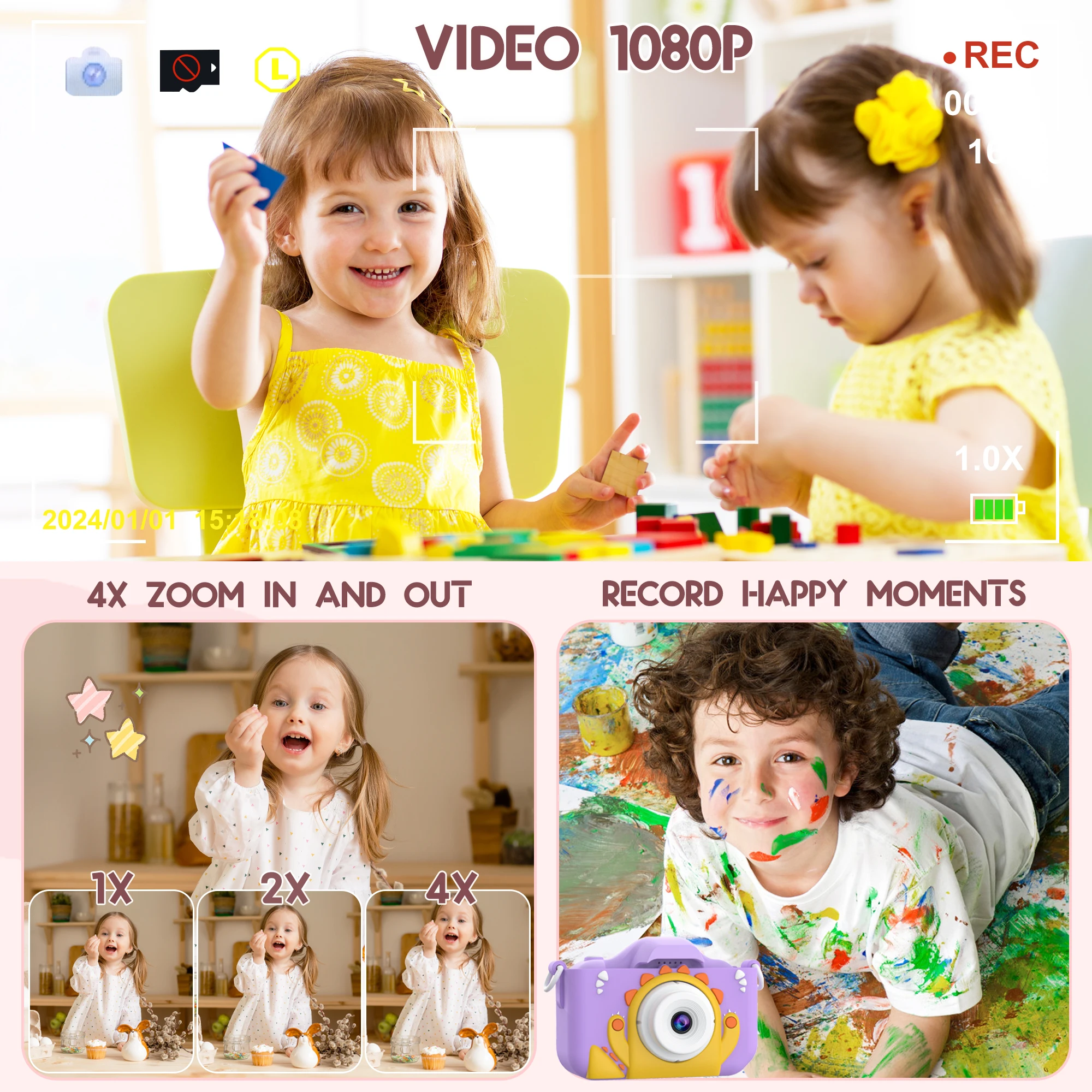 お手頃価格のキッズカメラ：20MP HD 1080P、TFカード対応 – 30種類以上のフィルター、耐衝撃、充電式 |   最高の価値の贈り物
