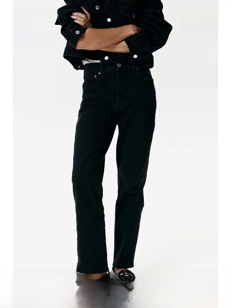 

High Waist Straight Leg Jeans Women's Spring Elastic Retro Sle Loose Fit Denim Pants H&M Cotton Polyester Blend Long Trousers
