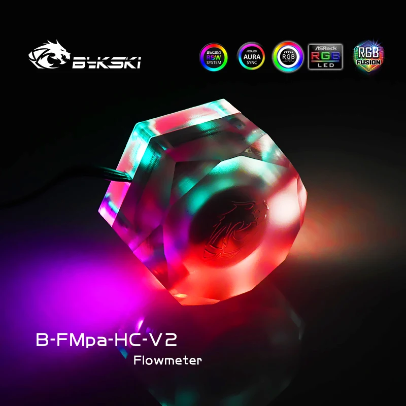 Bykski B-FMpa-HC-V2 Misuratore di portata acrilico Filettatura G1/4 a 2 vie Filtro del liquido di raffreddamento Raccordi per dispositivi di raffreddamento del computer Connettore a 2 fori AURA